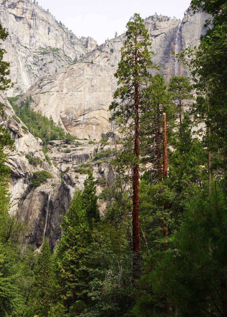 Yosemite Falls - Rechtsboven en linksonder zijn de dunne waterstralen te zien